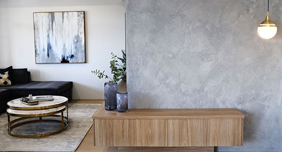 Grey Venetian Plaster Feature Wall in living room