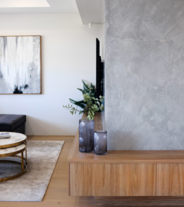 Venetian plaster applied to an interior wall in a living room.